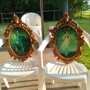 2 Vintage Homco Italian Boy & Girl Victorian Oval Framed Art Canvas 24 "×15"x 2"
